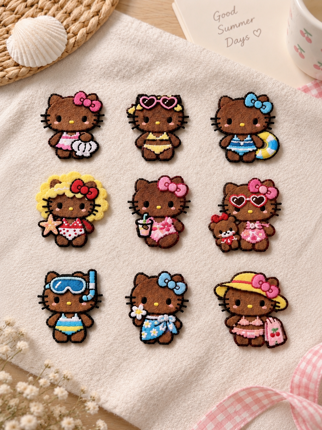 Nine-piece summer kitty decorative set arranged on a fabric background