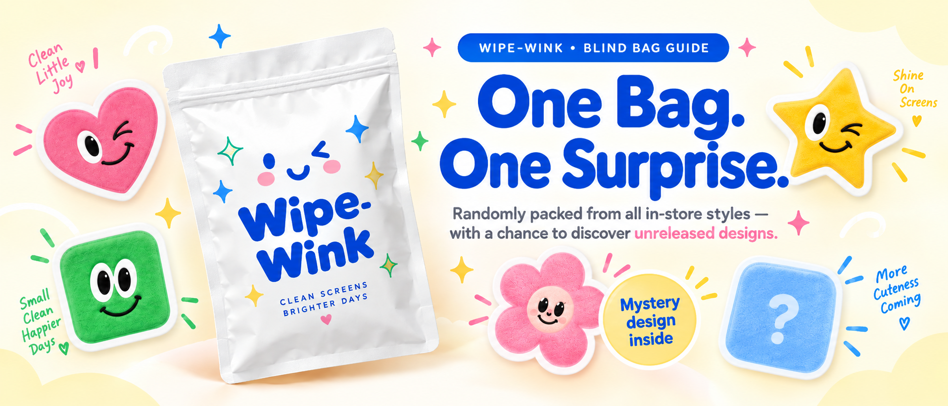 Wipe-Wink blind bag guide with heart, star, green square and flower cleaning stickers