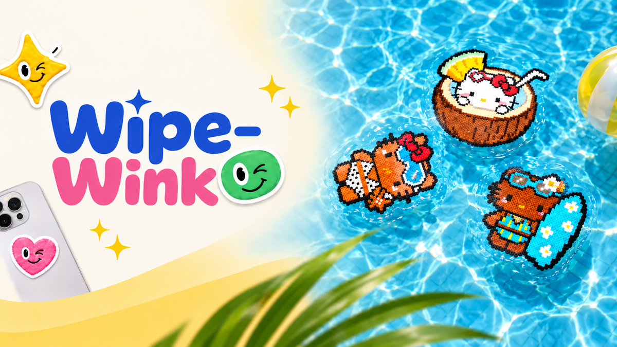Wipe-Wink homepage banner with screen cleaning sticker and fuse bead pool art